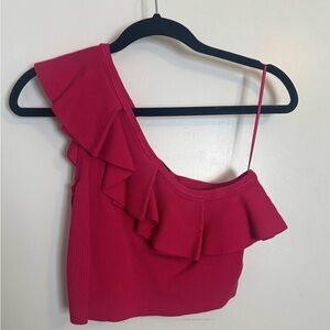 EXPRESS One-Shoulder Ruffle Crop Top - Hot Pink